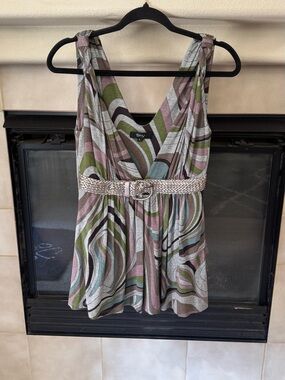 Sky Multi-Color Swirl V-Neck Mini Dress with Braided Metallic Belt
